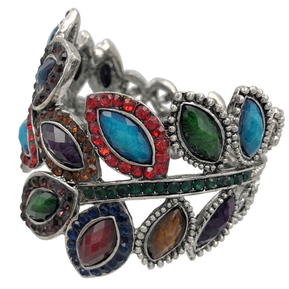 Large Multicolor Leaf Leaves Fancy Rhinestone Silver Hinged Bangle Bracelet
